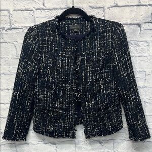 Ann Taylor Black & White Tweed Fringed Collar Blazer